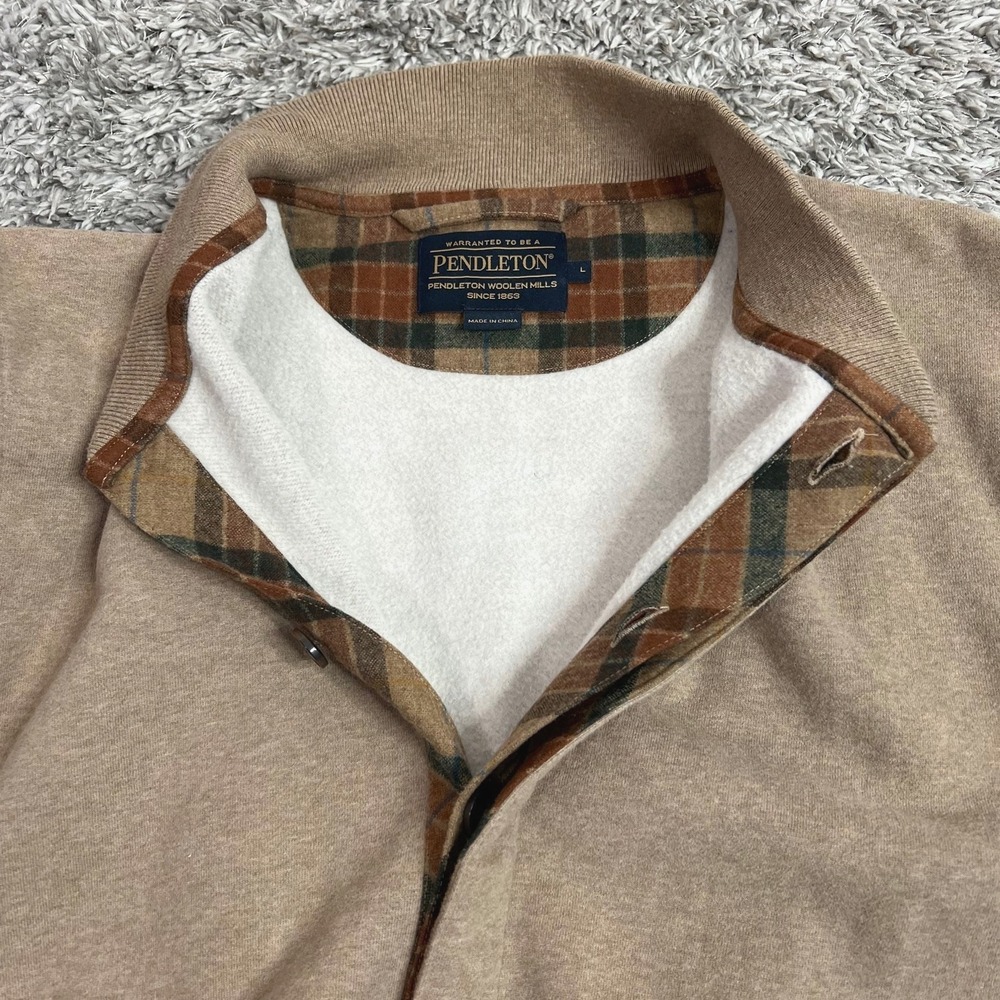 Pendleton Fleece Bomber Jacket Mens Large Wool Plaid Trim Button Front Beige - Picture 4 of 9